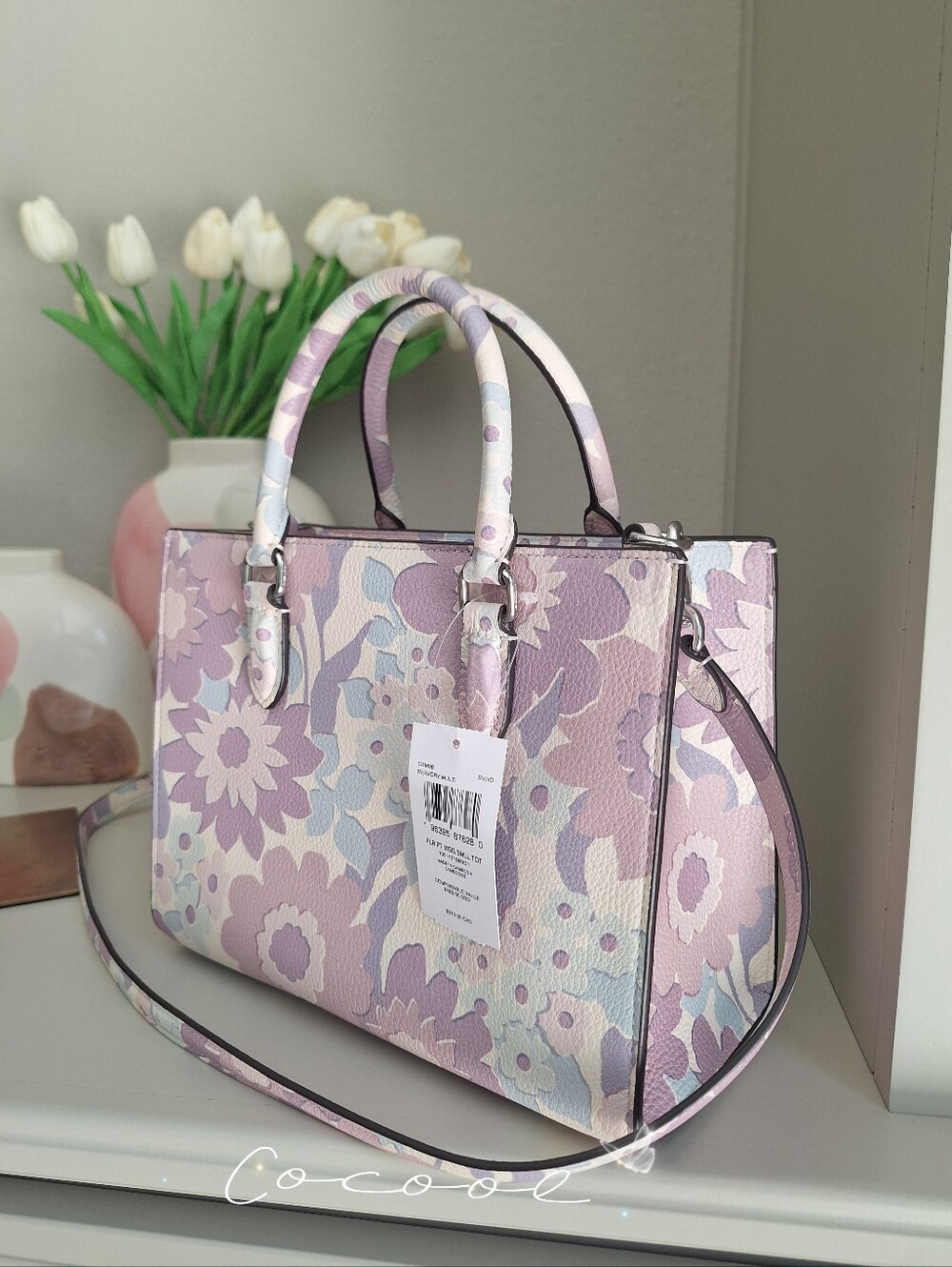 NEW COACH Maggie Small Tote Bag Crossbody Floral Print In Leather Ivory/Purple - Picture 4 of 8